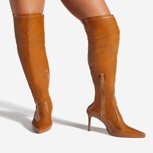 SHOEDAZZLE Wide Calf Thigh High Camel Patent Leather High Heel Boots